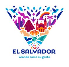 the logo for el salvador is shown in blue and orange colors, with an image of buildings