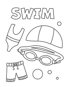 a coloring page with swimming equipment and the words swim