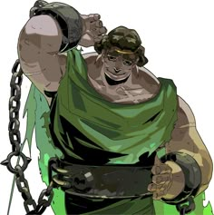 a drawing of a man with chains around his neck and hands in the air, wearing a green cape