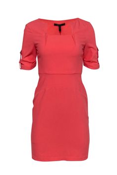 Current Boutique-BCBG Max Azria - Coral Square-Neck Sheath Dress w/ Cuffed Sleeves Sz 2 Feminine Fitted Mini Dress With Pleated Sleeves, Office Dresses With Cuffed Sleeves, Chic Office Dresses With Cuffed Sleeves, Elegant Spring Dress With Cuffed Sleeves, Fitted Dresses With Cuffed Sleeves For Spring, Fitted Office Dress With Pleated Sleeves, Chic Knee-length Dresses With Cuffed Sleeves, Fitted Spring Dresses With Cuffed Sleeves, Spring Fitted Dress With Cuffed Sleeves