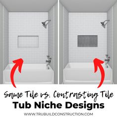 two pictures showing the same tub and shower side by side with text that reads game tile vs contrasting tile