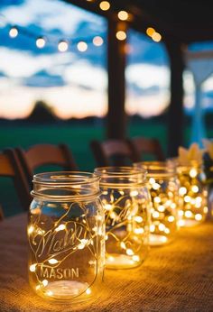 Fairy Light Jars Wedding, Lighting For Outdoor Wedding, Outdoor Night Wedding Ideas, Wedding Table Lighting Ideas, Fairy Lights At Wedding, Indoor Fairy Lights Wedding, Fairy Lights Party Decor, Fairy Lights Wedding Reception Indoor, Fairy Garden Wedding Ideas Receptions