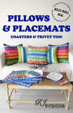 pillows and placemats on a coffee table in front of a white couch with colorful throw pillows