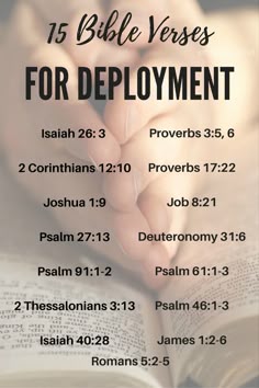 an open bible with the words, 15 bible verses for deployment