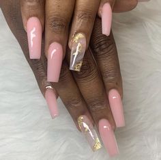 Light Pink Fall Nails, Baby Pink And Gold Nails, Pink Nails With Gold Foil, Light Pink And Gold Nails, Dried Flower Nails Acrylics, Medium Coffin Shape Nails, Pink And Brown Nails, Coffin Nails Pink, Pink Foil Nails