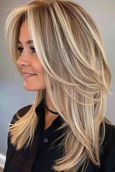 Different Hair Highlights Colour, Hair 50 Year Old Women Medium, Long Hair With Long Bangs And Layers, Back Of Layered Hair, Simple Hair Cuts Long Hair, Long Layered Hair With Highlights, Layered Haircuts For Medium Hair 2024, Hair Color Trends 2024 Summer, Medium Blonde Hair With Bangs