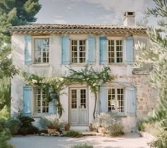 a white house with blue shutters on the front door and windows, surrounded by greenery