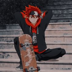 a man sitting on the steps with his skateboard in front of him, holding his hands behind his head