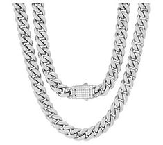 A bold, masculine curb link chain with a sparkling clasp for the man who likes to add subtle sophistication to his everyday look. From Steel by Design® Jewelry. White Gold Chunky Cuban Link Necklace, Formal Silver Cuban Link Bracelet, Formal Cuban Link Box Chain Necklace, Formal Silver Chain Cuban Link Necklace, White Gold Cuban Link Necklace With Curb Chain, Silver Cuban Link Necklace, Modern Cuban Link Necklace With Curb Chain, Link Chain Necklace, Diamond Chain