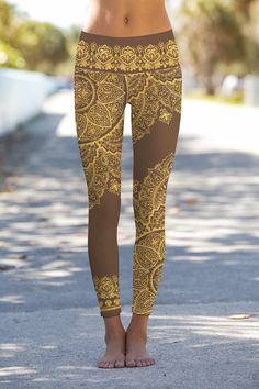 Brown high waisted leggings with gold mandala print. Great yoga gift idea. Designed, printed, and sewn by hand in Miami, FL True to size High waisted  Full-length Recycled Buttery soft C A R E & D E T A I L S High-quality 4-way stretch shiny tricot 82% microfiber poly 18% spandex Machine wash warm Hang dry Sporty Crop Top, Pineapple Clothes, Printed Yoga Pants, Sporty Looks, Neon Dresses, Brown Leggings, Printed Yoga Leggings, Gold Mandala, Yoga Clothing