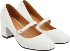 White High Heel Mary Janes For Spring, White Mary Janes With Heel Strap For Spring, White High Heel Mary Janes With Heel Strap, White Mary Janes With Heel Strap And Round Toe, White Pointed Toe Mary Janes With Heel Strap, Elegant White Block Heel Mary Janes, Elegant White Mary Janes With Block Heel, White Block Heel Mary Janes For Spring, White Court Shoes With Round Toe And Medium Width