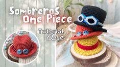 there is a crocheted hat with eyeballs on it and the words, somewheres one piece