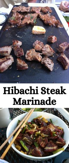 steak marinade on a grill with chopsticks next to it and the recipe