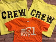 Fun Birthday Boy & Crew Shirts Great Shirts for the Birthday Boys Party! Construction, Demolition, Tractor, Crew **All Shirts are sold separately ************** Toddler/Kid Shirt is Orange w/white design. The “Age” can be changed. Please message us at checkout if your Birthday Boy is turning a different age, than 1. Otherwise shirt will come as pictured. ************** Crew shirts are adult unisex Tshirts in Bright Yellow with Black Design located on the BACK of the shirt. UNISEX ADULT SHIRT MEA Birthday Boys, Adulting Shirts, Boy Birthday Parties, Boy Party, Crew Shirt, Toddler Kids, Birthday Boy, Unisex Tshirt, Birthday Fun