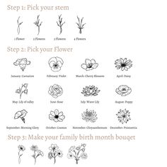 the steps to pick your flower for each family birth month, including flowers and names