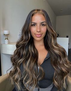 Baddie Hair Highlights, Wigs On Latinas, Highlight Extensions On Black Hair, Black To Honey Balayage, Brown Streaks In Black Hair Black Women, Ombre Highlights Black Women, Black Hair Honey Highlights, Balayage Hair Wig, Honey Blonde Hair On Dark Hair