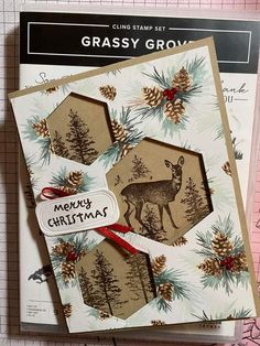 a close up of a christmas card with pine cones and deers on the front