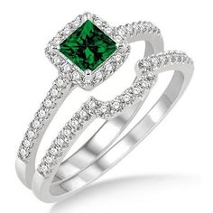 a green diamond and white gold ring set