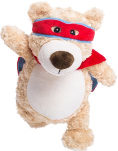 a teddy bear wearing a red bandana and holding it's paws up in the air