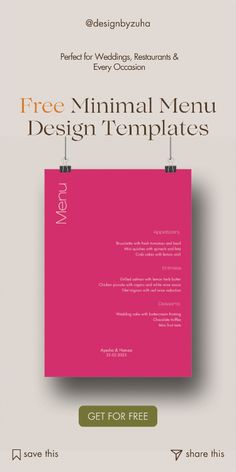 a pink menu cover with the text free minimal menu design templates get for free