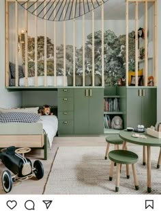 a bedroom with green furniture and an open book shelf above the bed, along with two children's toys