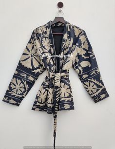 "Designer's Embroidery Work Coat, Handmade Cotton Suzani Jacket With Belt, Long Winter Overcoat, Unisex Coat, Colorful Night Robe Suitable for Day and Night Wear : Looks Great with the Belt aswell and Great Styling Tip as a dinner Close and open jacket . Measurements Approx : Length : 28\" inch ( 72 Cm ) Chest : 48\" inch ( 120 Cm ) Sleeve length : 21\" inch ( 54 Cm ) Fabric : 100% cotton and wool thread( handmade in India ) New Suzani Style Jacket, This Jacket Also has Two Pocket's What You Can Traditional Embroidered Blazer For Fall, Embroidered Winter Outerwear With Kimono Sleeves, Fall Outerwear With Embroidered Kimono Sleeves, Fall Embroidered Outerwear With Kimono Sleeves, Traditional Long Sleeve Embroidered Blazer, Suzani Jacket, Embroidery Jacket, Winter Overcoat, Kantha Fabric