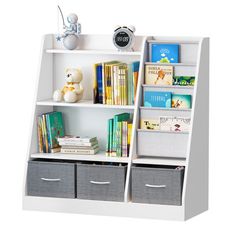 a white book shelf with two bins and some books on the top one is filled with children's books