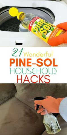 a person in orange gloves is cleaning a white stove with pine - sol household hacks