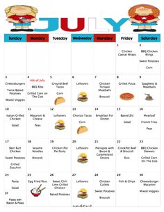 the calendar for july is filled with different food items and numbers, including hamburgers