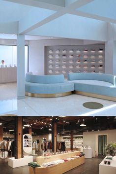 the inside of a store with furniture in it and on the outside, there is a large blue couch