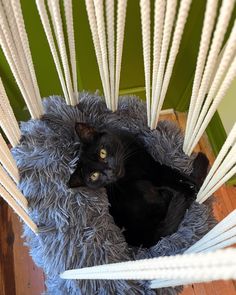 a black cat is laying in a grey chair with white strings hanging from it's sides