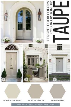 the front door is painted white and has gray trim on it, along with an image of