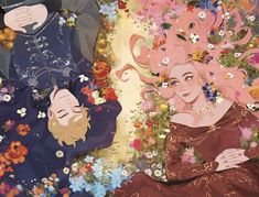 two women with flowers in their hair, one wearing a dress and the other holding an octopus