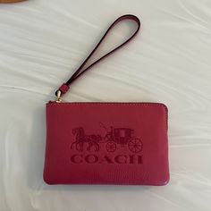 Watermelon Pink Coach Wristlet. Brand New. Never Used. Tags On. Coach Clutch, Girly Bags, Leather Coach, Black Clutch, Coach Wristlet, Monogrammed Leather, Signature Print, Coach Purse, Mini Purse