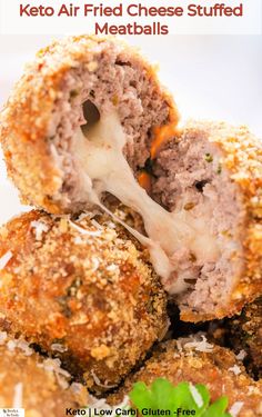 Low carb air fryer meatballs stuffed with a cheesy center. Air Fried Mozzarella, Fried Mozzarella, Stuffed Meatballs, Low Carb Noodles, Mozzarella Stuffed Meatballs, Low Carb Marinara, Cheese Stuffed Meatballs, Keto Appetizers, Low Carb Meatballs