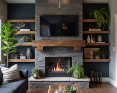 a living room filled with furniture and a flat screen tv mounted on the wall above a fire place