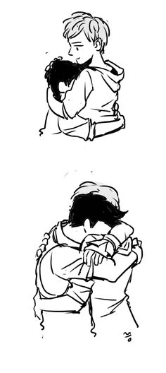 two black and white drawings of people hugging each other, one is holding the other's head