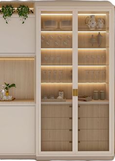 a white cabinet with glass doors and shelves