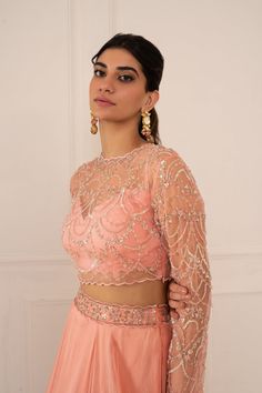 Editor's Note Featuring Peony Pink Embroidered Lehenga Set Fabric: Silk Organza, Net Color: Pink Embroidery Details: Zardozi Hand Embroidery Care: Dry Clean Only   About the Designer Mani Bhati... Blouse Designs High Neck, Blouse Yoke, Peony Pink, Pink Embroidery, Embroidered Lehenga, National Costume, Party Wear Indian Dresses, Silk Organza, Traditional Dress