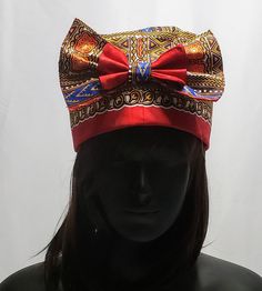 Made with handprinted and waxed, red,, blue and gold fabric. Perfect for any occasion, parties, weddings, church, Easter, Christmas. Hat is formed and fitted, no scarf wrapping necessary. Red Adjustable Headwrap For Party, Handmade Red Party Hat, Red Curved Brim Costume Hat For Festivals, Red Costume Hat With Curved Brim For Festival, Gold Costume Hat As A Gift, Red Bohemian Hat As A Gift, Red Bohemian Hat As Gift, Traditional Multicolor Party Hats, Adjustable Red Hat For Festive Occasions