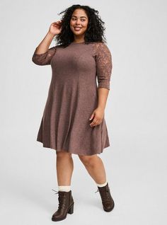 FIT Model is 5'10” wearing size 2. Measures 40” from shoulder (size 2). Mini silhouette. MATERIALS + CARE Super Soft Plush by Torrid™️ knit fabric: A warm, breathable fabric that’s extra cozy and comfy. Stretch level: Maximum. 53% polyester, 45% nylon, 2% spandex. Machine wash cold. Line dry. . Imported. DETAILS High neckline. . Long raglan lace sleeves. The best plus size women's mini lace raglan sleeve sweatshirt dress shirt dresses in deep taupe made of supersoftplush. Rock your look from Torrid to Festivals like Coachella and Lollapalooza, a concert, a show, or just for fun! This sexy dress will show off your confidence for going out to a cocktail party, date night, girls' night out, bachelorette party, hen party, birthday party, or night activity. Torrid is your destination for cozy f Night Out Bachelorette Party, Raglan Sleeve Sweatshirt, Cozy Dress, New Street Style, Dress Images, Shirt Dresses, Hen Party, Dress With Cardigan, Sweatshirt Dress