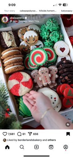 an open box filled with assorted decorated cookies and pastries next to a person's hand