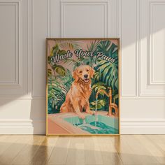 a golden retriever dog sitting in a bathtub with the words wash your paws on it