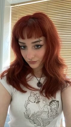 Over Eyebrow Bangs, Ginger With Dark Eyebrows, Mini Bangs Hairstyle, Eyebrow And Septum Piercing, Above The Eyebrow Bangs, Red Hair And Piercings, Above Eyebrow Bangs, Mini Bangs Hair, Eyebrow Piercing Aesthetic