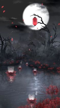 lanterns floating on the water in front of a full moon and trees with red flowers