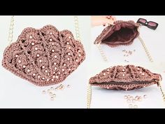 three different pictures of purses with chains and pearls on the bottom, one is brown