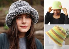 a woman wearing a knitted hat next to a mannequin's head