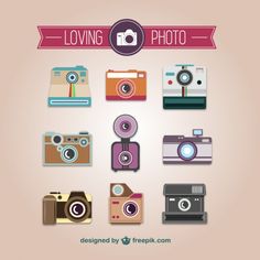 a set of different types of cameras on a beige background with the words loving photo