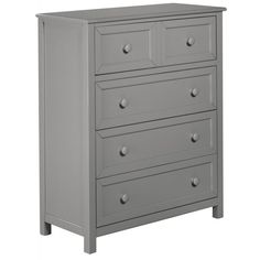 a gray dresser with four drawers and two doors on the top shelf, in front of a white background