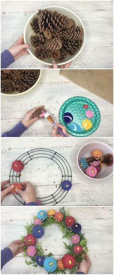 the steps to make a pine cone wreath